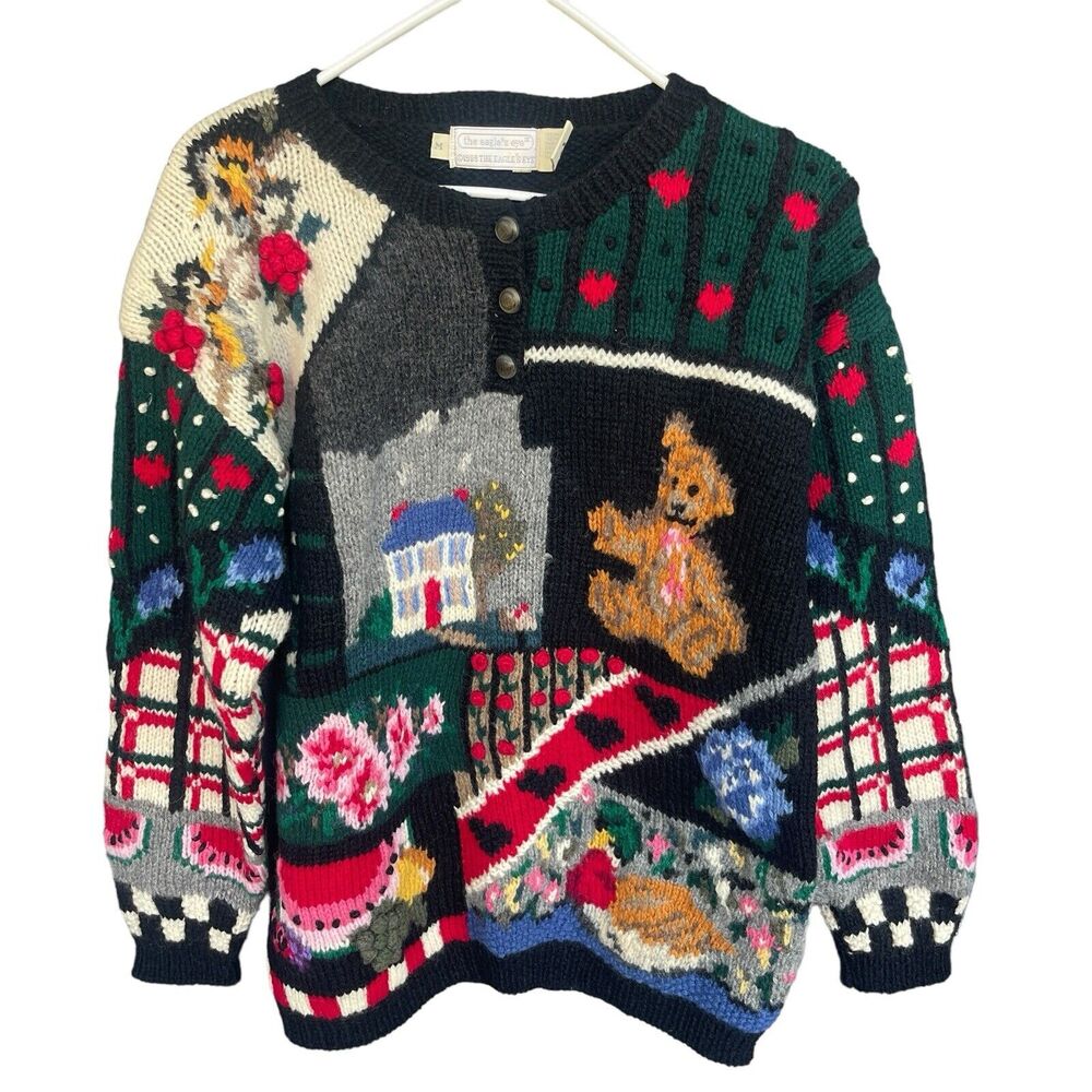 Vintage Eagles Eye Sweater Womens Medium Grandmacore Wool Teddy Bear Floral‎ 90s
